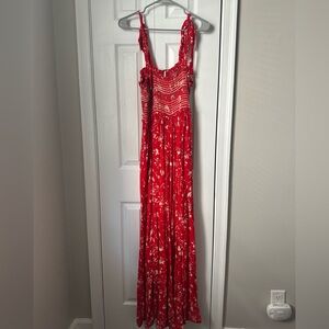 Free People & Cream Red Floral Tie Shoulder Jumpsuit